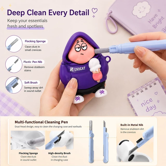 Alt view image 4 of 7 - Cute 3D Cartoon Case for AirPods 4 (2024) & 5 (2026), Silicone Cover Cute 3D cartoon silicone cover with keychain and cleaning pen for playful everyday protection, easy carrying, and fun style