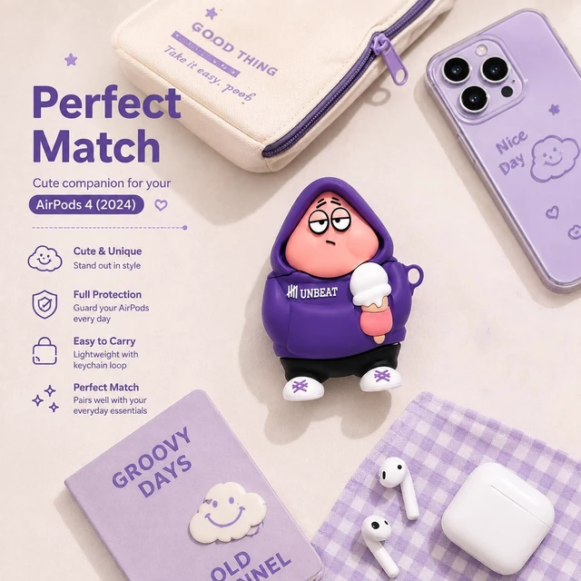 Alt view image 7 of 7 - Cute 3D Cartoon Case for AirPods 4 (2024) & 5 (2026), Silicone Cover Cute 3D cartoon silicone cover with keychain and cleaning pen for playful everyday protection, easy carrying, and fun style