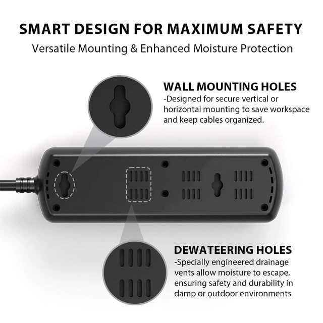 Alt view image 7 of 7 - Outdoor Power Strip Weatherproof IPX6, Waterproof Surge Protector with 3 Wide-Spaced Outlets, Flat Plug Heavy Duty Extension Cord for Garden Patio Garage, Wall Mountable, 13A 1625W (Black, 3FT)