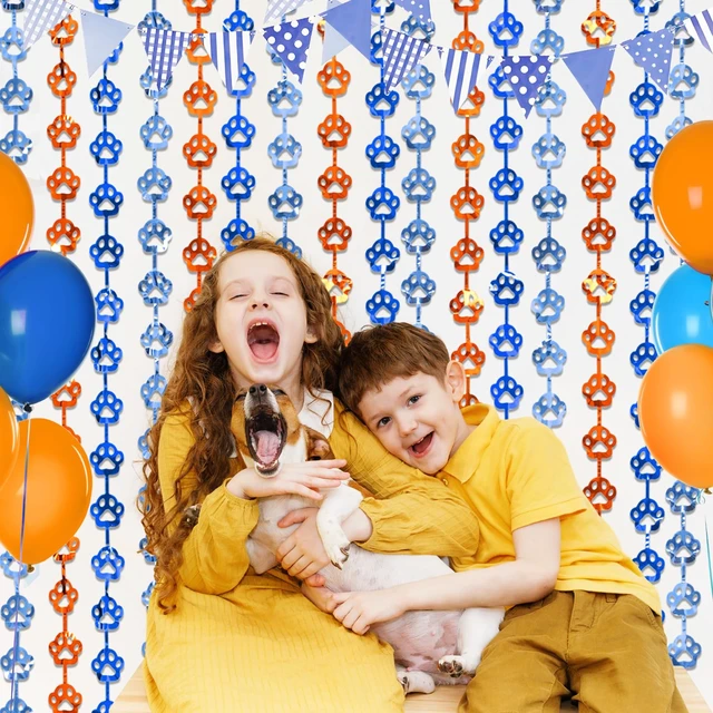 Alt view image 2 of 7 - Blue Dog Birthday Decorations, 2 Pack Paw Foil Fringe Curtains Orange and Blue Dog Paw Birthday Party Supplies, 3.3x6.6ft Photo Booth Props Backdrop Streamers, Doorway Room Decor for Kids
