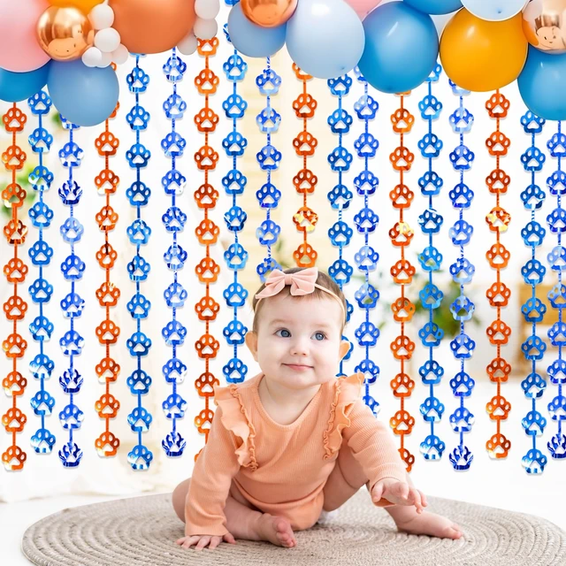 Alt view image 4 of 7 - Blue Dog Birthday Decorations, 2 Pack Paw Foil Fringe Curtains Orange and Blue Dog Paw Birthday Party Supplies, 3.3x6.6ft Photo Booth Props Backdrop Streamers, Doorway Room Decor for Kids