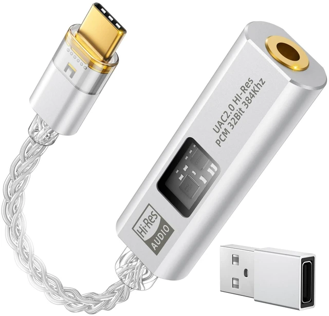 Main image of USB C to 3.5mm Jack Audio Adapter, Dual DAC Chip CX31993 & MAX97220 Built-in HiFi Amplifier, 32bit/384KHz Hi-Res Certified, Supports In-line Control, For Android iPhone PC Mac Switch PS5,Silver