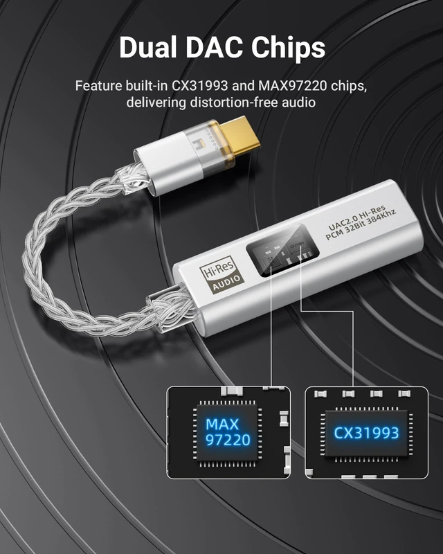 Alt view image 2 of 7 - USB C to 3.5mm Jack Audio Adapter, Dual DAC Chip CX31993 & MAX97220 Built-in HiFi Amplifier, 32bit/384KHz Hi-Res Certified, Supports In-line Control, For Android iPhone PC Mac Switch PS5,Silver