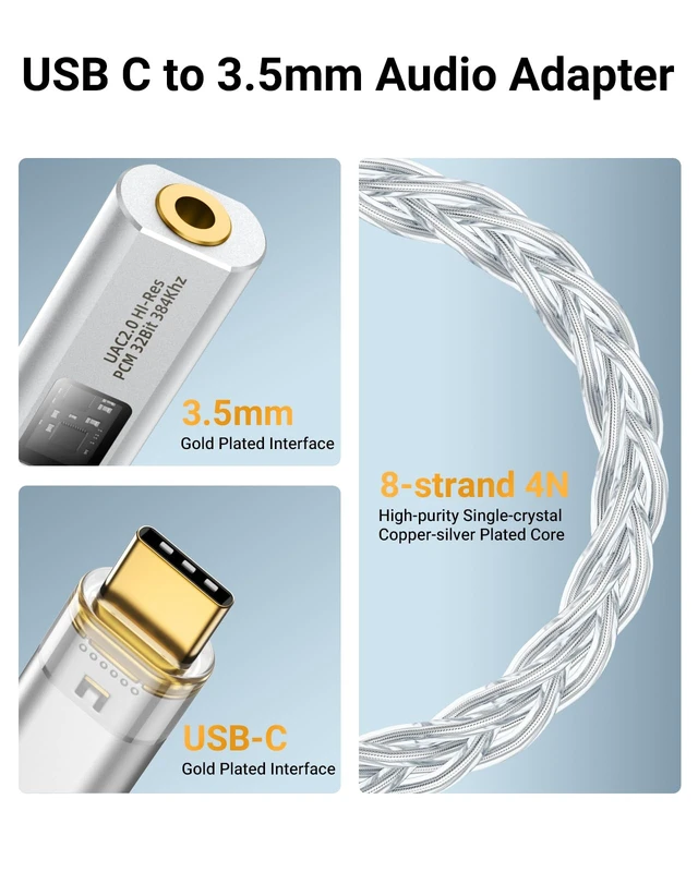 Alt view image 5 of 7 - USB C to 3.5mm Jack Audio Adapter, Dual DAC Chip CX31993 & MAX97220 Built-in HiFi Amplifier, 32bit/384KHz Hi-Res Certified, Supports In-line Control, For Android iPhone PC Mac Switch PS5,Silver