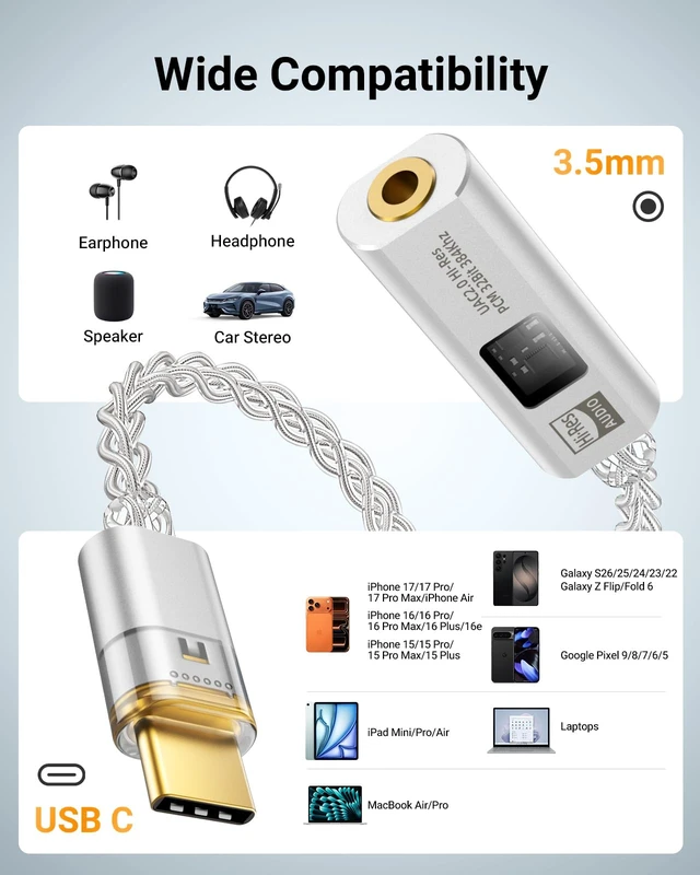 Alt view image 6 of 7 - USB C to 3.5mm Jack Audio Adapter, Dual DAC Chip CX31993 & MAX97220 Built-in HiFi Amplifier, 32bit/384KHz Hi-Res Certified, Supports In-line Control, For Android iPhone PC Mac Switch PS5,Silver