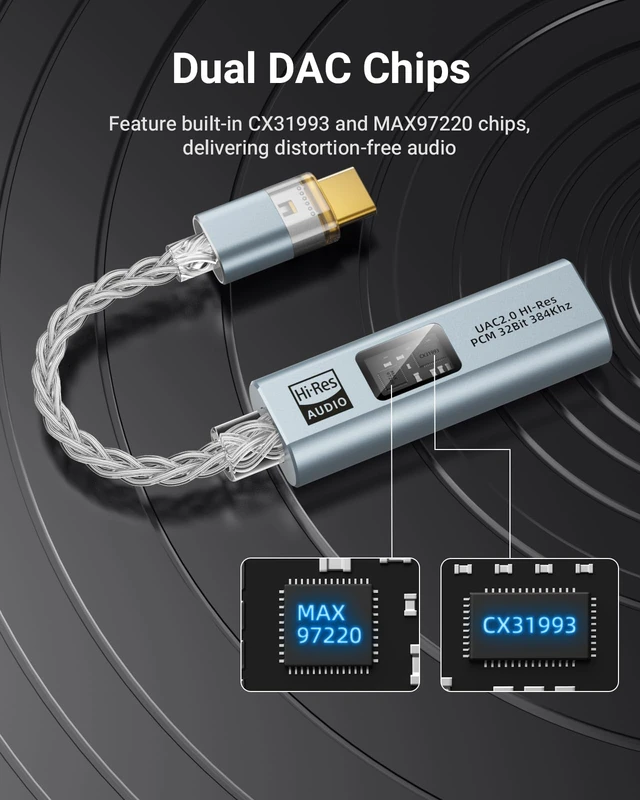 Alt view image 2 of 7 - USB C to 3.5mm Jack Audio Adapter, Dual DAC Chip CX31993 & MAX97220 Built-in HiFi Amplifier, 32bit/384KHz Hi-Res Certified, Supports In-line Controls, For Android iPhone PC Mac Switch PS5, Grey