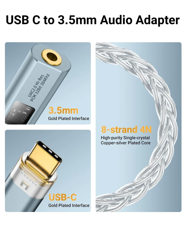 Alt view image 5 of 7 - USB C to 3.5mm Jack Audio Adapter, Dual DAC Chip CX31993 & MAX97220 Built-in HiFi Amplifier, 32bit/384KHz Hi-Res Certified, Supports In-line Controls, For Android iPhone PC Mac Switch PS5, Grey