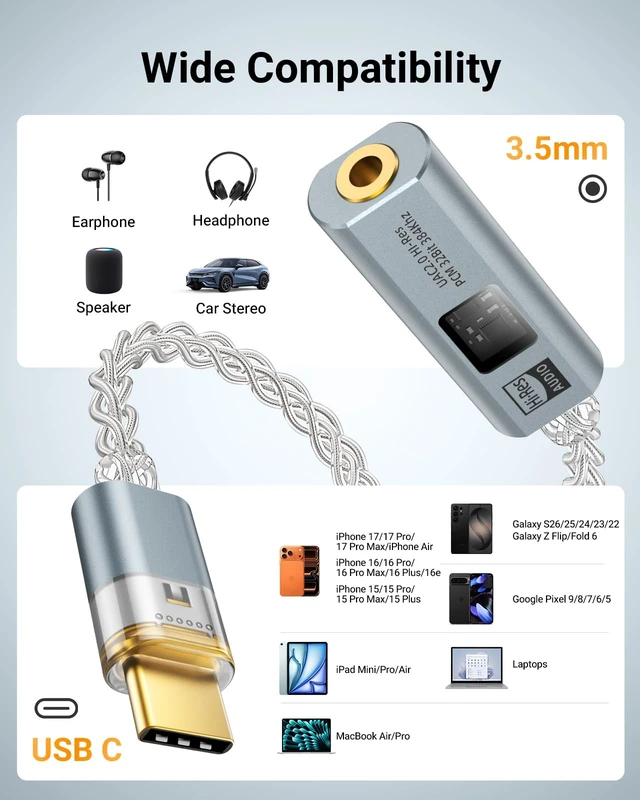 Alt view image 6 of 7 - USB C to 3.5mm Jack Audio Adapter, Dual DAC Chip CX31993 & MAX97220 Built-in HiFi Amplifier, 32bit/384KHz Hi-Res Certified, Supports In-line Controls, For Android iPhone PC Mac Switch PS5, Grey