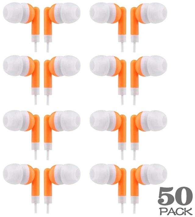 Main image of Wholesale Earbuds Bulk Headphones Individually Bagged 50 Pack for iPhone, Android, MP3 Player for Schools, Libraries, Hospitals (Orange)