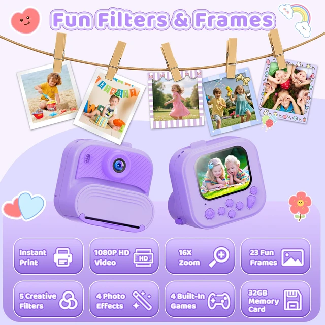 Alt view image 4 of 7 - Kids Camera Instant Print: 1080P HD Digital Camera for Kids - Girls for Age 3-12 - Toddler Cameras Toys Gift for 4 5 6 7 8 9 10 11 Years Old - Cool Presents Ideals for Birthday Pruple