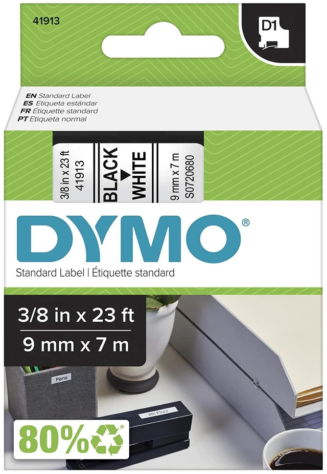 Main image of Standard D1 Labeling Tape for LabelManager Label Makers, Black print on White tape, 3/8'' W x 23' L, 1 cartridge