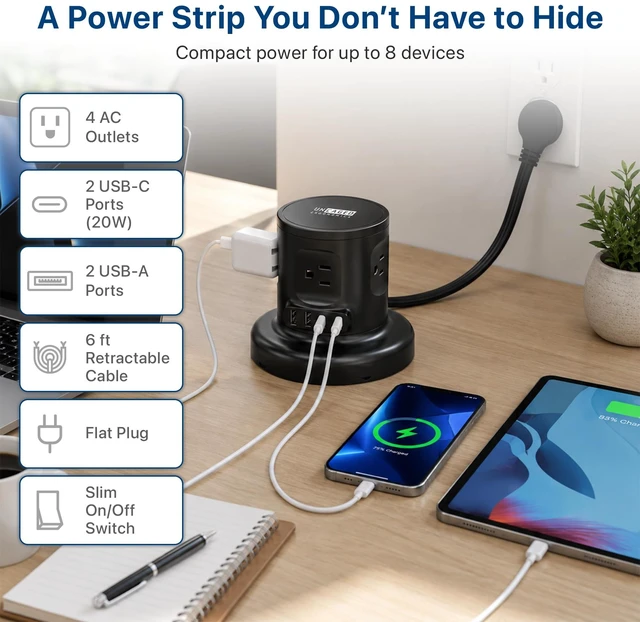 Alt view image 2 of 7 - Retractable Power Strip Tower, USB C Surge Protector 320J surge protection, 4 AC outlets, 2 USB-A and 2 USB-C fast charge, 6 ft auto-rewind cord. Mountable charging tower