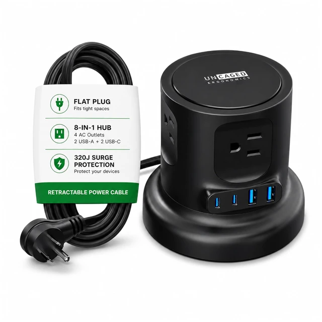 Main image of Retractable Power Strip Tower, USB C Surge Protector 320J surge protection, 4 AC outlets, 2 USB-A and 2 USB-C fast charge, 6 ft auto-rewind cord. Mountable charging tower