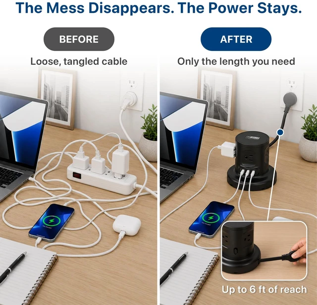 Alt view image 3 of 7 - Retractable Power Strip Tower, USB C Surge Protector 320J surge protection, 4 AC outlets, 2 USB-A and 2 USB-C fast charge, 6 ft auto-rewind cord. Mountable charging tower