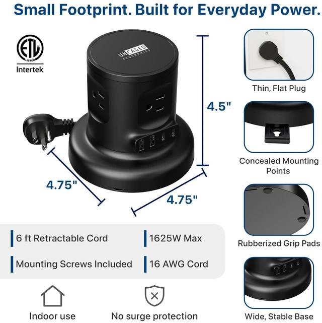 Alt view image 5 of 7 - Retractable Power Strip Tower, USB C Surge Protector 320J surge protection, 4 AC outlets, 2 USB-A and 2 USB-C fast charge, 6 ft auto-rewind cord. Mountable charging tower