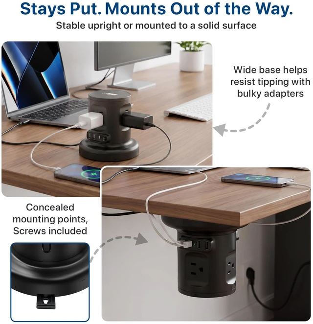 Alt view image 6 of 7 - Retractable Power Strip Tower, USB C Surge Protector 320J surge protection, 4 AC outlets, 2 USB-A and 2 USB-C fast charge, 6 ft auto-rewind cord. Mountable charging tower
