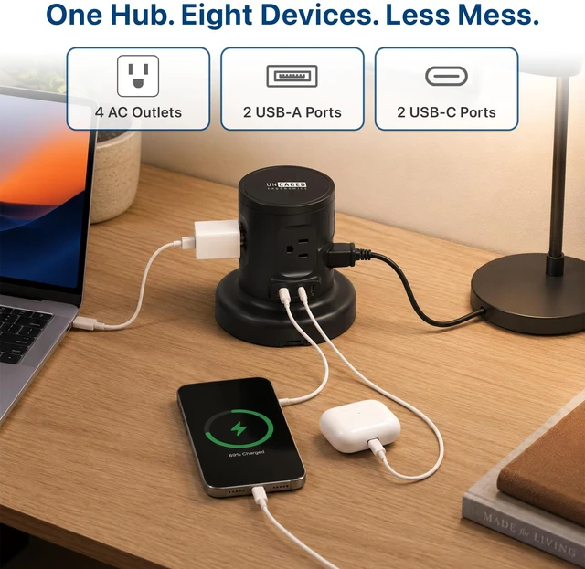 Alt view image 7 of 7 - Retractable Power Strip Tower, USB C Surge Protector 320J surge protection, 4 AC outlets, 2 USB-A and 2 USB-C fast charge, 6 ft auto-rewind cord. Mountable charging tower
