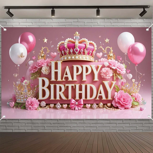 Main image of Pink Happy Birthday Banner Backdrop for Wonen Girl 71×43.3inch Pink Crown Theme Banner; Polyester Fabric; Reusable; Ideal Photo Decor for Girls & Women Birthday Parties