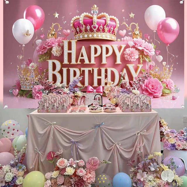 Alt view image 2 of 7 - Pink Happy Birthday Banner Backdrop for Wonen Girl 71×43.3inch Pink Crown Theme Banner; Polyester Fabric; Reusable; Ideal Photo Decor for Girls & Women Birthday Parties