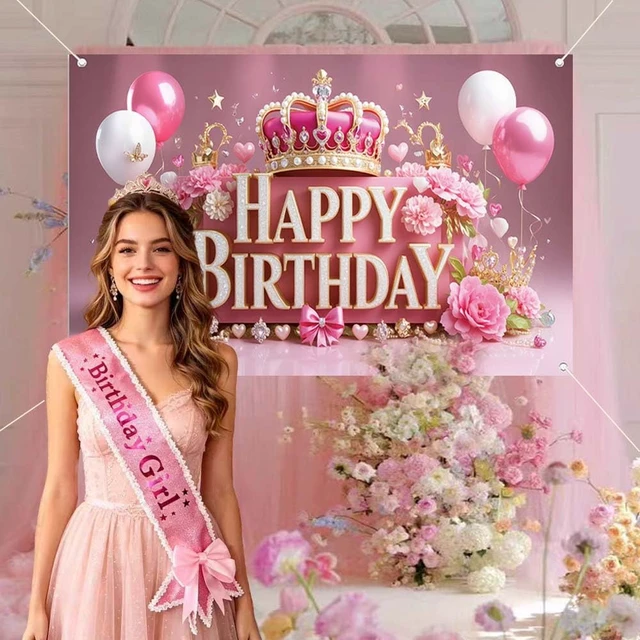 Alt view image 3 of 7 - Pink Happy Birthday Banner Backdrop for Wonen Girl 71×43.3inch Pink Crown Theme Banner; Polyester Fabric; Reusable; Ideal Photo Decor for Girls & Women Birthday Parties
