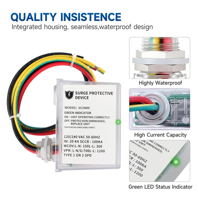 Alt view image 2 of 7 - AG3000 120/240V Mini Split HVAC Surge Protector SPD 120/240VAC 50-60Hz,TPMOV tech,20kA discharge,Type4X watertight housing,green LED status indicator,Type1&2 SPD