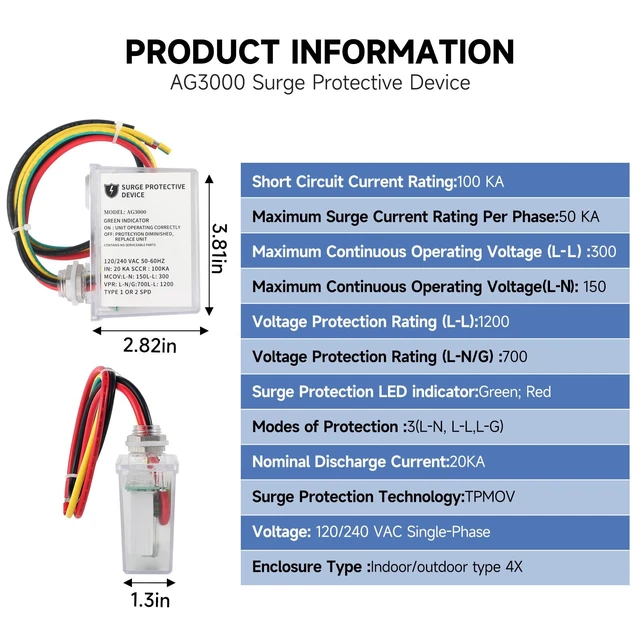 Alt view image 3 of 7 - AG3000 120/240V Mini Split HVAC Surge Protector SPD 120/240VAC 50-60Hz,TPMOV tech,20kA discharge,Type4X watertight housing,green LED status indicator,Type1&2 SPD