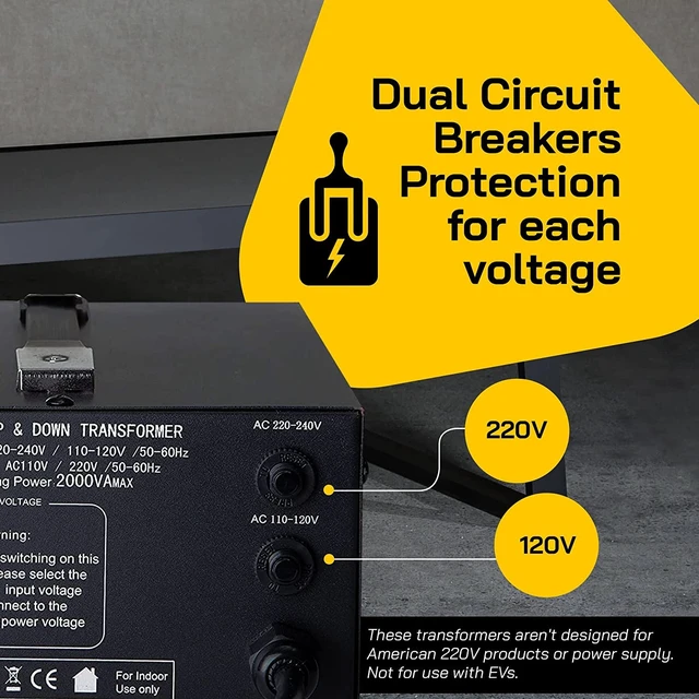 Alt view image 6 of 7 - T Series 2000+ Watt Voltage Converter Transformer - Step Up/Down - 110v to 220v / 220v to 110v Power Converter - Circuit Breaker Protection, CE Certified
