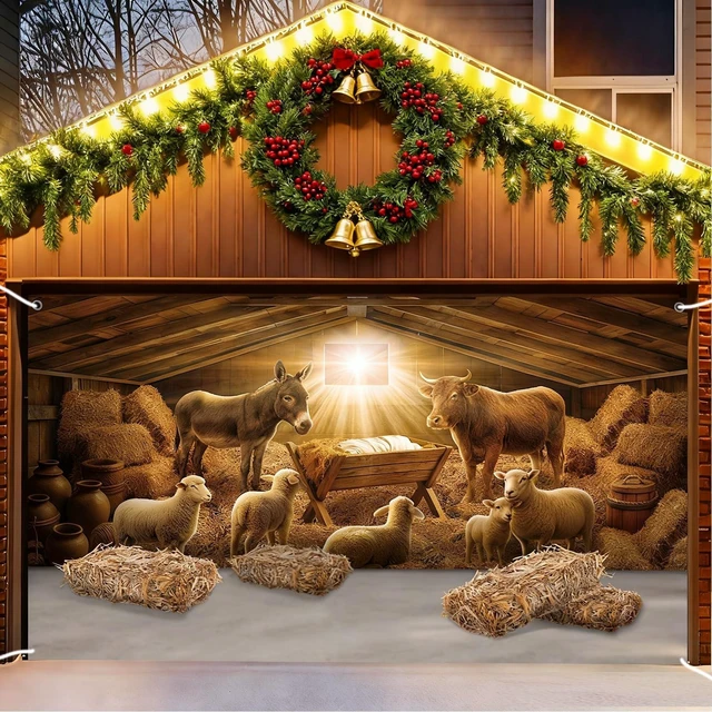 Main image of Nativity in Manger Christmas Garage Door Cover 7x16 ft Banner Birth of Jesus Manger Scene, Double Garage Outdoor Wall Decoration, Large Backdrop for Xmas Christian Holiday Party
