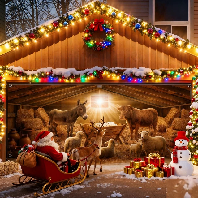 Alt view image 2 of 7 - Nativity in Manger Christmas Garage Door Cover 7x16 ft Banner Birth of Jesus Manger Scene, Double Garage Outdoor Wall Decoration, Large Backdrop for Xmas Christian Holiday Party