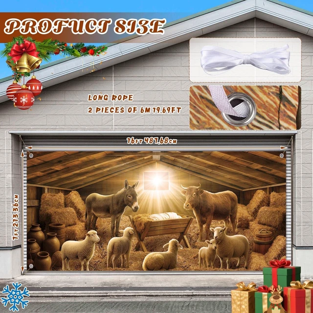 Alt view image 4 of 7 - Nativity in Manger Christmas Garage Door Cover 7x16 ft Banner Birth of Jesus Manger Scene, Double Garage Outdoor Wall Decoration, Large Backdrop for Xmas Christian Holiday Party