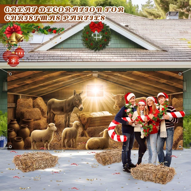 Alt view image 6 of 7 - Nativity in Manger Christmas Garage Door Cover 7x16 ft Banner Birth of Jesus Manger Scene, Double Garage Outdoor Wall Decoration, Large Backdrop for Xmas Christian Holiday Party