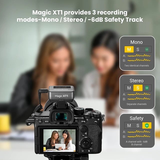 Alt view image 6 of 7 - Magic XT1 Wireless Lavalier Microphone System 48kHz 24-bit audio, touchscreen, noise reduction, 200m transmission, 16hr runtime, mono/stereo mode, with charging case