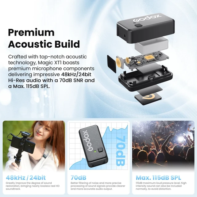 Alt view image 7 of 7 - Magic XT1 Wireless Lavalier Microphone System 48kHz 24-bit audio, touchscreen, noise reduction, 200m transmission, 16hr runtime, mono/stereo mode, with charging case