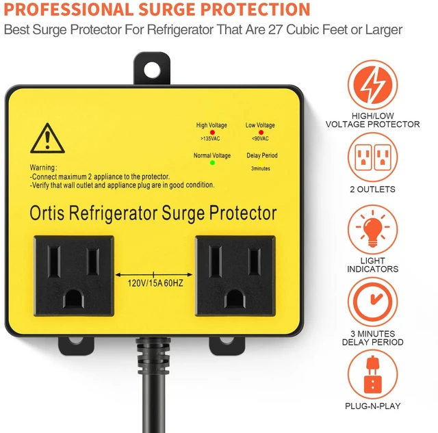Alt view image 2 of 7 - Refrigerator Surge Protector, Double Outlet Voltage Protector for Home Appliances with Time Delay, 5ft Power Cord, Protects Against Brownout, Spike, Instant Surge All Voltage Abnormalities