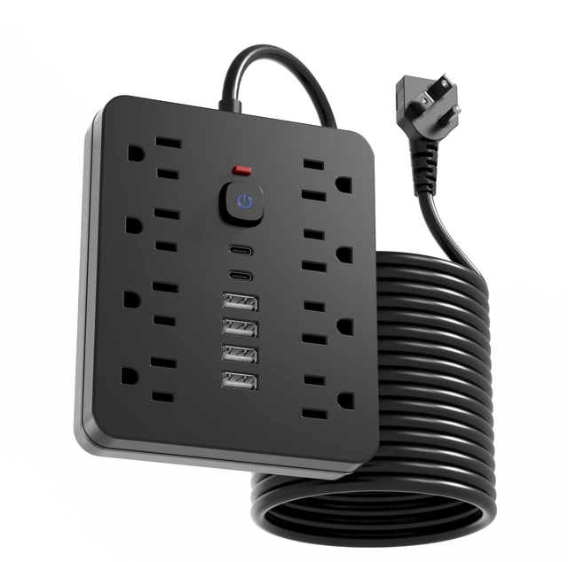 Main image of 10 Ft Power Strip Flat Extension Cord with 8 AC Outlets, 6 USB Ports (2 USB C) & One-Touch Switch, Wall Mountable Desk Charging Station for Office Home Travel, Black