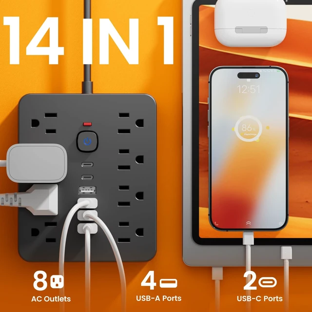 Alt view image 2 of 6 - 10 Ft Power Strip Flat Extension Cord with 8 AC Outlets, 6 USB Ports (2 USB C) & One-Touch Switch, Wall Mountable Desk Charging Station for Office Home Travel, Black