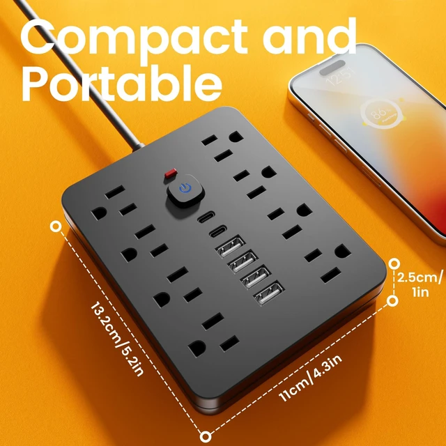 Alt view image 3 of 6 - 10 Ft Power Strip Flat Extension Cord with 8 AC Outlets, 6 USB Ports (2 USB C) & One-Touch Switch, Wall Mountable Desk Charging Station for Office Home Travel, Black