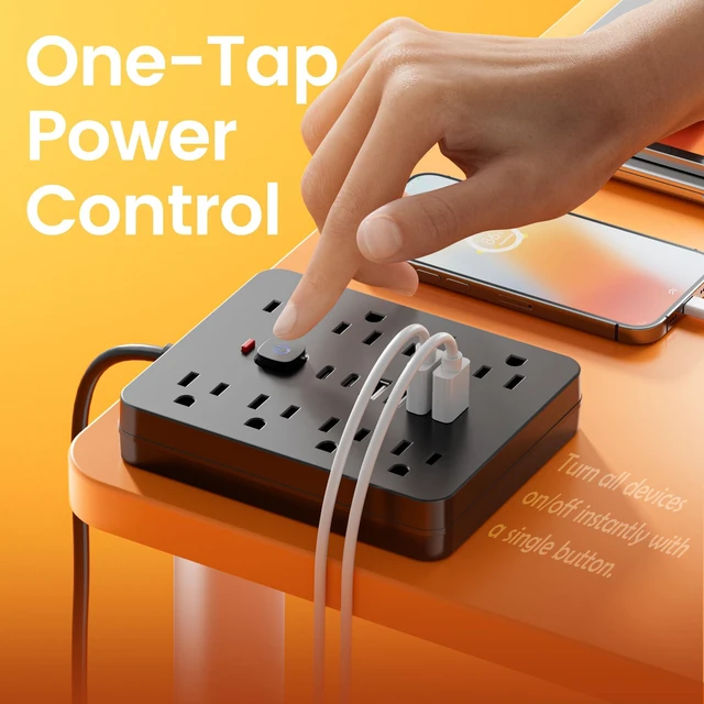 Alt view image 4 of 6 - 10 Ft Power Strip Flat Extension Cord with 8 AC Outlets, 6 USB Ports (2 USB C) & One-Touch Switch, Wall Mountable Desk Charging Station for Office Home Travel, Black
