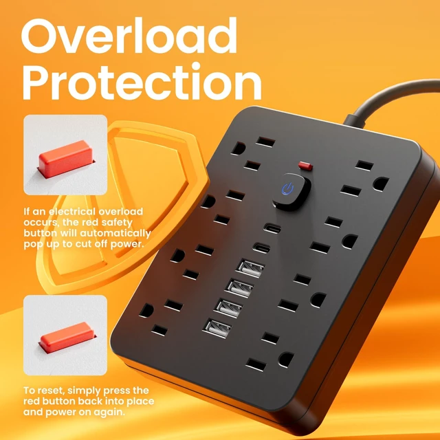 Alt view image 5 of 6 - 10 Ft Power Strip Flat Extension Cord with 8 AC Outlets, 6 USB Ports (2 USB C) & One-Touch Switch, Wall Mountable Desk Charging Station for Office Home Travel, Black