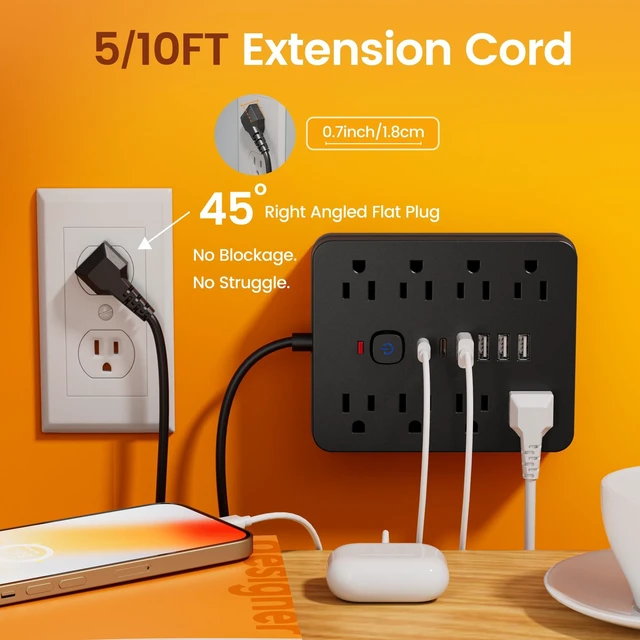 Alt view image 6 of 6 - 10 Ft Power Strip Flat Extension Cord with 8 AC Outlets, 6 USB Ports (2 USB C) & One-Touch Switch, Wall Mountable Desk Charging Station for Office Home Travel, Black