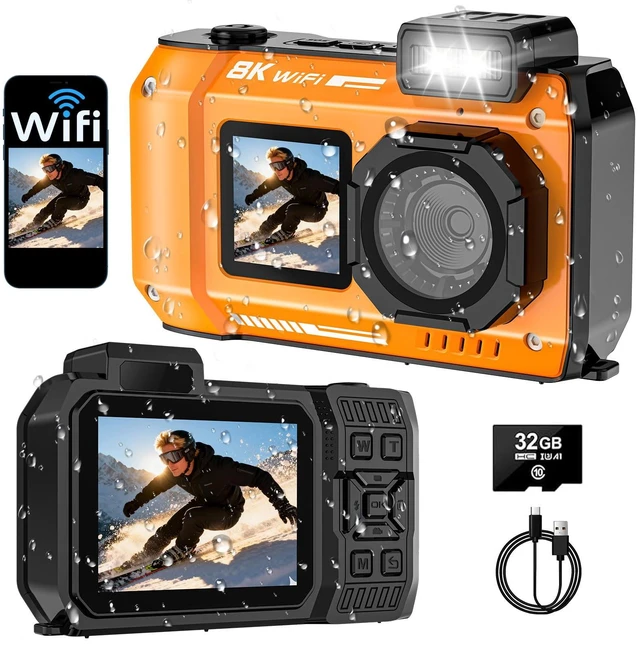 Main image of 8K Underwater Camera, 70MP 33FT WiFi Waterproof Digital Camera with 32GB Dual-Screen Selfie, Floatable, Auto Focus, Fill Light, 2500mAh Battery, 18X Digital Zoom, Ideal for Snorkeling & Swimming