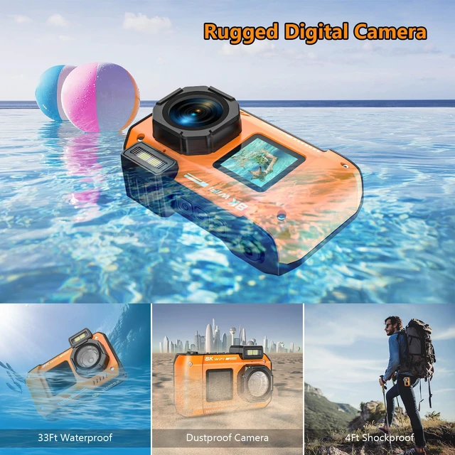 Alt view image 7 of 7 - 8K Underwater Camera, 70MP 33FT WiFi Waterproof Digital Camera with 32GB Dual-Screen Selfie, Floatable, Auto Focus, Fill Light, 2500mAh Battery, 18X Digital Zoom, Ideal for Snorkeling & Swimming