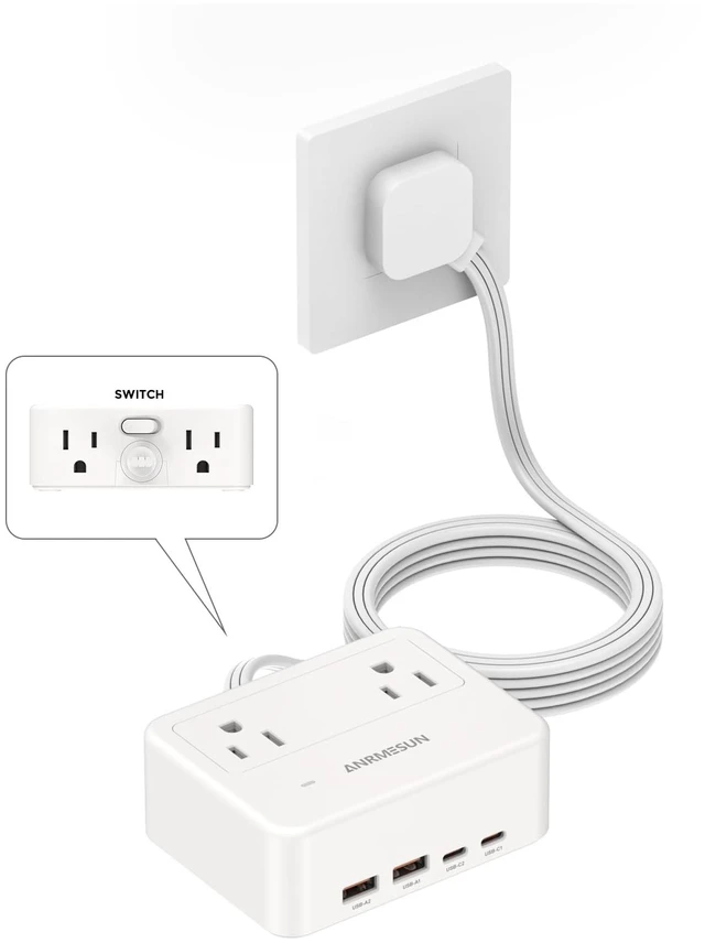Main image of Cruise Essentials Flat Plug Power Strip with 4 AC 4 USB (PD 20W) Port White 750°C Fire Resistant Shell, 100% Pure Copper Wire, Double Pole On Off Switch, Non Surge Protector for Cruise Ship Travel