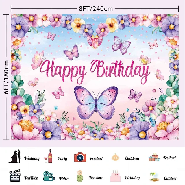 Alt view image 3 of 7 - 8x6ft Butterfly Happy Birthday Banner Backdrop Butterflies Birthday Party Decorations for Women Girls Pink Purple Butterfly Flower Spring Photo Booth Background Wall Decor