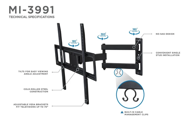 Alt view image 7 of 7 - Full Motion Articulating TV Wall Mount - Single Stud & Corner Installation - Swivel 180°, Tilt & 17" Extension - 32-70 Inch TVs - Heavy-Duty Steel - VESA 200x200-600x400-77 lbs Capacity
