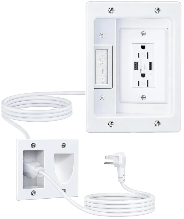Main image of Cord Hider for Wall Mount TV with AC Outlets, 2X USB-A Ports in-Wall Cable Management Kit, Includes 6ft Extension Cord, Drill Templates