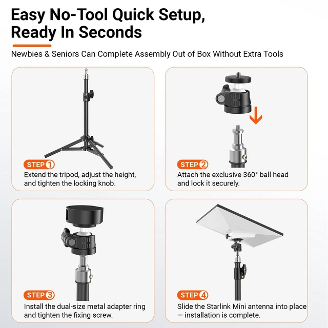 Alt view image 6 of 7 - Starlink Mini Tripod Mount with 360° Swivel Ball Head & Dual Thread Metal Adapter (1/4"-20 & 3/8"-16), 2-Level Height Adjustable Portable Stable Holder for Camping, RV, Boat & Flat Roof