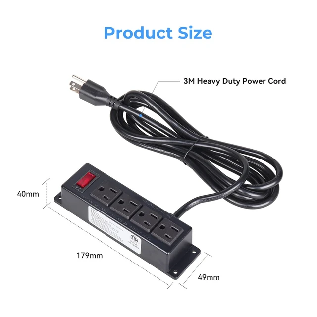 Alt view image 2 of 6 - Mountable Furniture Power Strip with 4 Outlets, 10ft Cord Wall Mount Power Unit, Flat Plug Outlet for Desk, Cabinet or Workbench Applications, Black