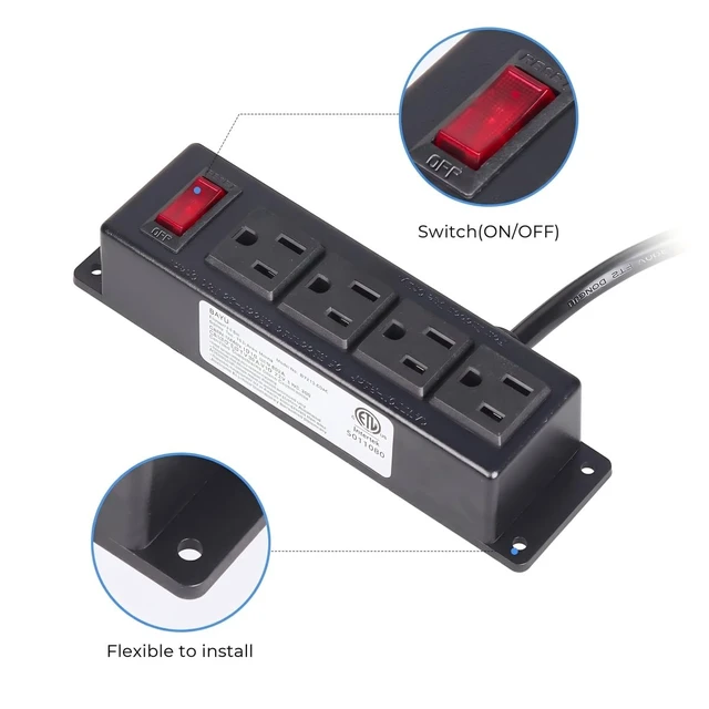 Alt view image 6 of 6 - Mountable Furniture Power Strip with 4 Outlets, 10ft Cord Wall Mount Power Unit, Flat Plug Outlet for Desk, Cabinet or Workbench Applications, Black