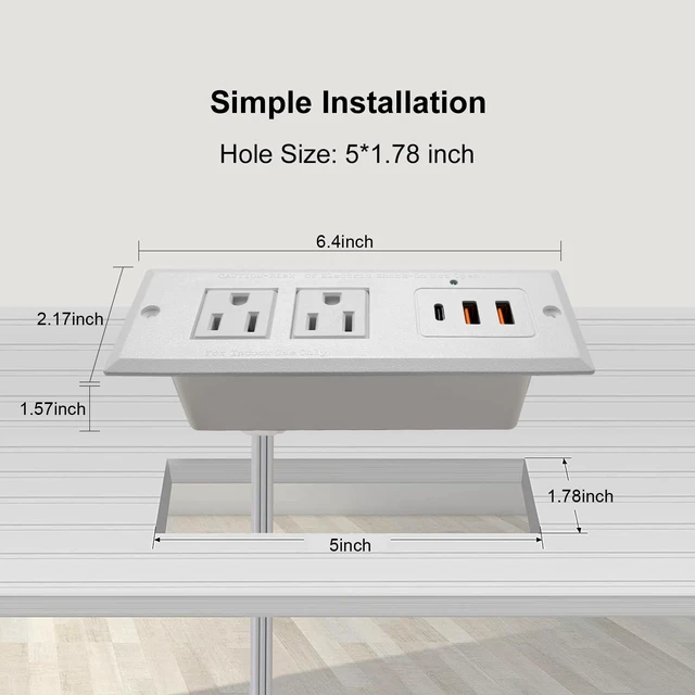 Alt view image 2 of 7 - 20W Recessed Power Strip USB C Fast Charge Desk Power Outlet Type C Flush Mounted Extension Power Plug for Conference Countertop Desktop Drawer Sofa ETL Listed (White)